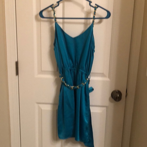 Teal Cocktail Dress with Gold Belt & Strap Detail - Picture 5 of 5